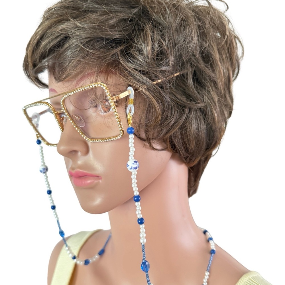 BLUE BEADED EYEGLASS CHAIN EYEGLASS HOLDER LANYARD